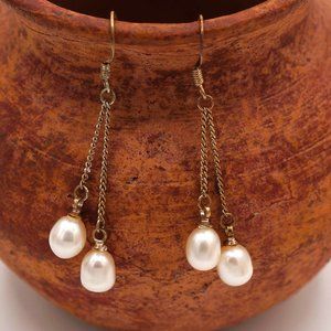Vintage Double Pearl Sterling Silver Small Chain Dangle Earrings